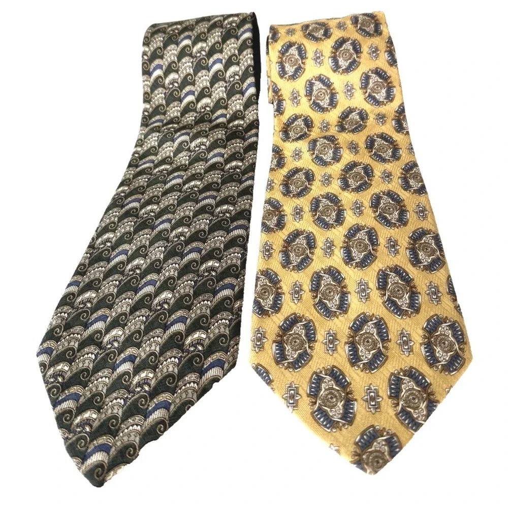 Vintage Club Room Mens 2 Silk Ties Paisley Scrolls Medallion Butter Yellow Green